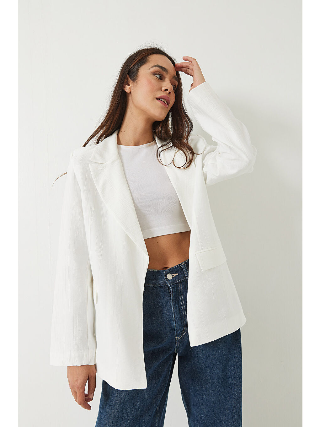 Ekru Kadın Vatkalı Astarı Çizgili Çilek Kumaş Blazer Ceket-2