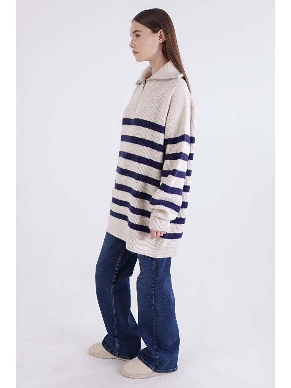 Bej Taş-Lacivert-Balıkçı Yaka Fermuarlı Triko Kazak-2