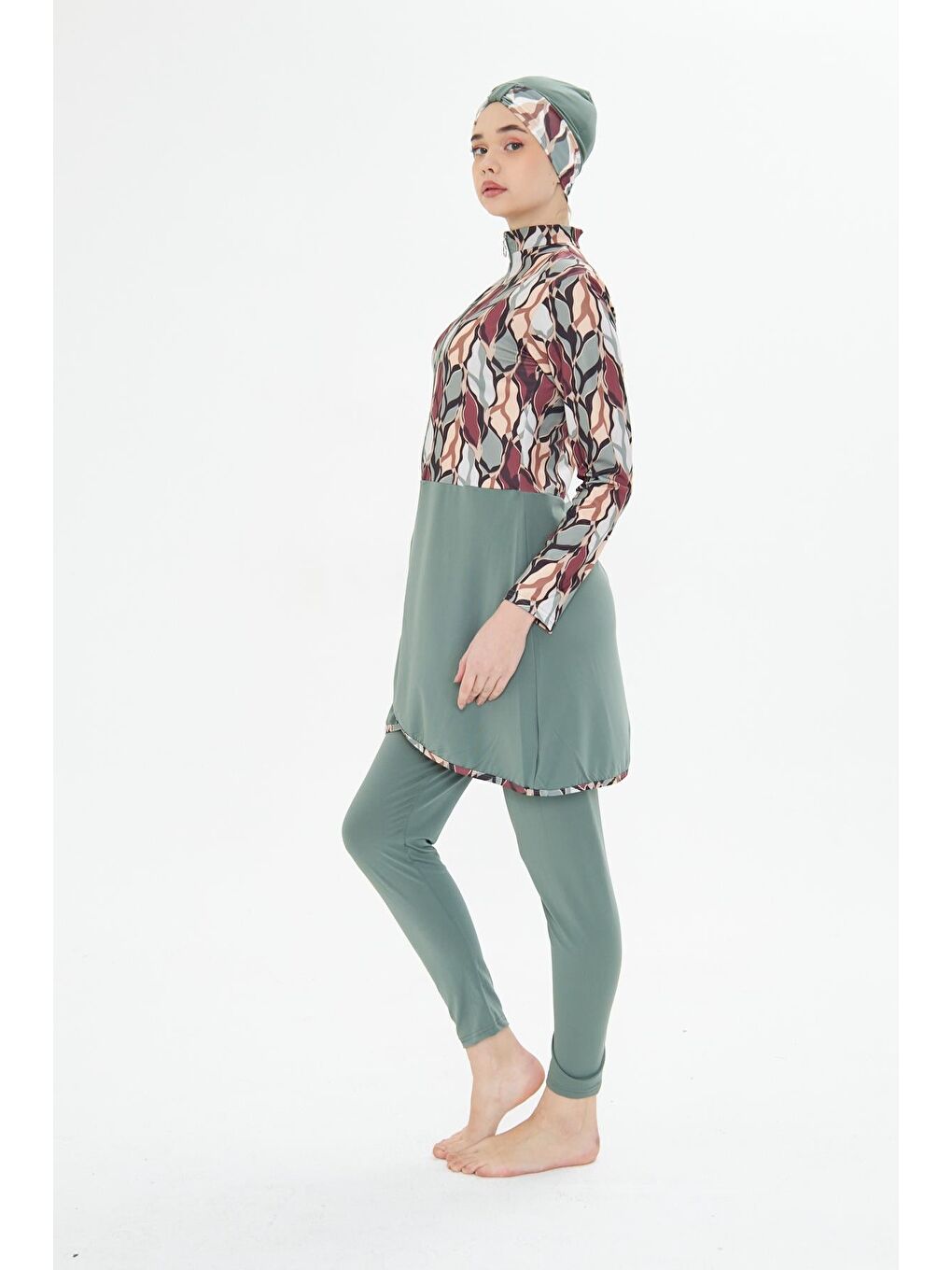 Tam Kapalı Elastanlı Desenli Etekli Tesettür Mayo Yeşil 3481-Y-6