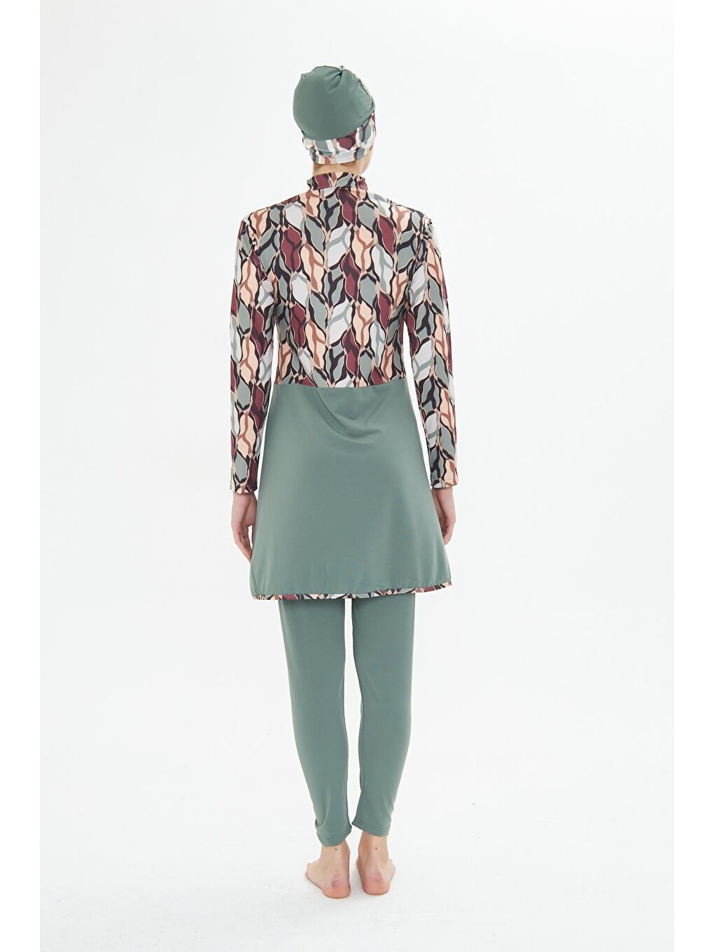 Tam Kapalı Elastanlı Desenli Etekli Tesettür Mayo Yeşil 3481-Y-7