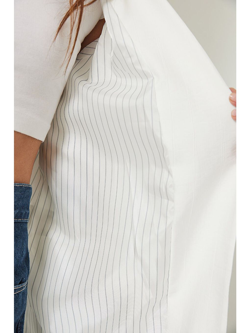 Ekru Kadın Vatkalı Astarı Çizgili Çilek Kumaş Blazer Ceket-5