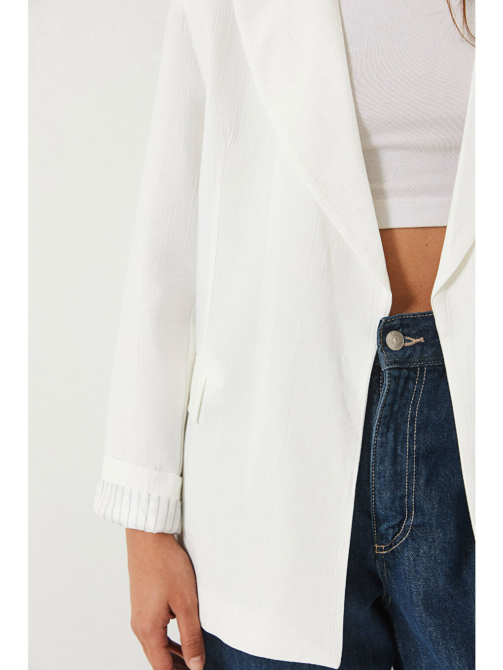 Ekru Kadın Vatkalı Astarı Çizgili Çilek Kumaş Blazer Ceket-6