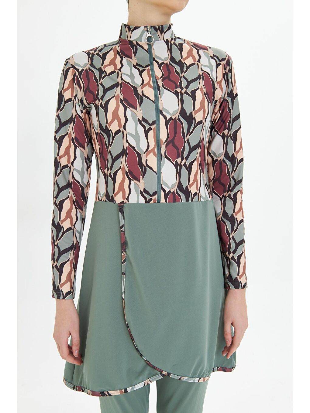 Tam Kapalı Elastanlı Desenli Etekli Tesettür Mayo Yeşil 3481-Y-8