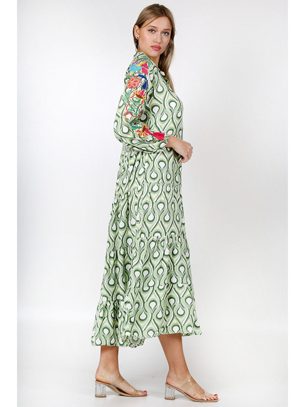 Yeşil Hakim Yaka Uzun Kol Desenli Allover Baskılı Geniş Kesim Dokuma Elbise-5