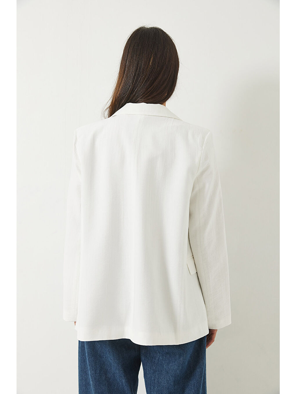 Ekru Kadın Vatkalı Astarı Çizgili Çilek Kumaş Blazer Ceket-7