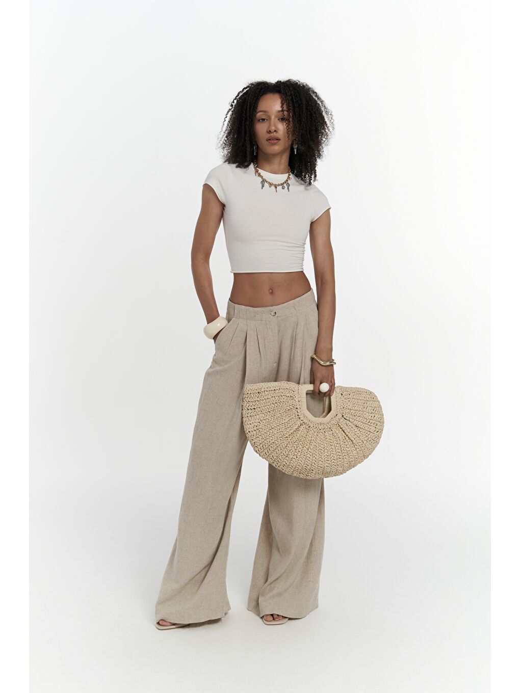 Mahoney Bej Keten Palazzo Pantolon-1