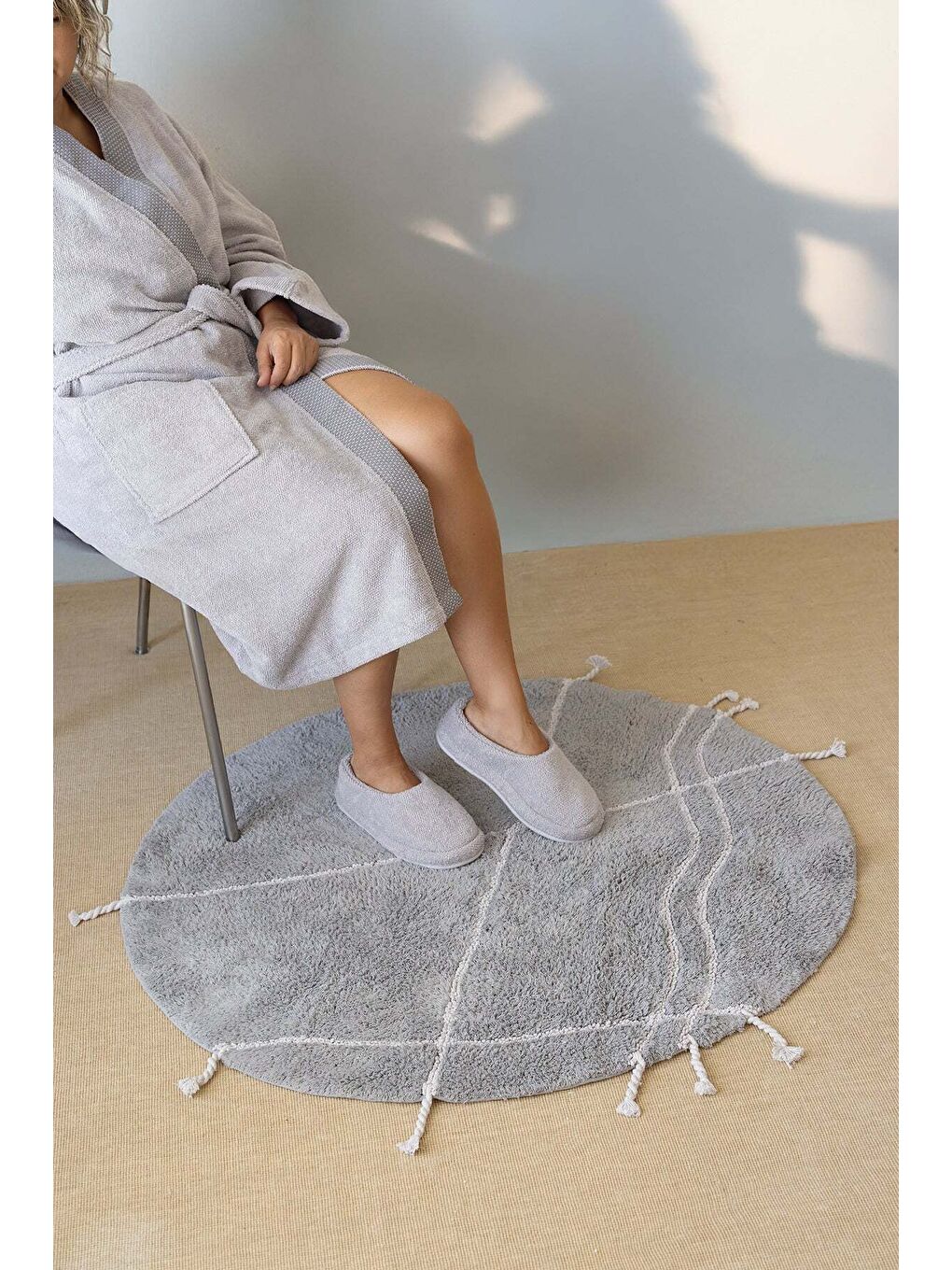 Travertine Yuvarlak Banyo Paspası %100 Pamuk 100x100 Gri-1