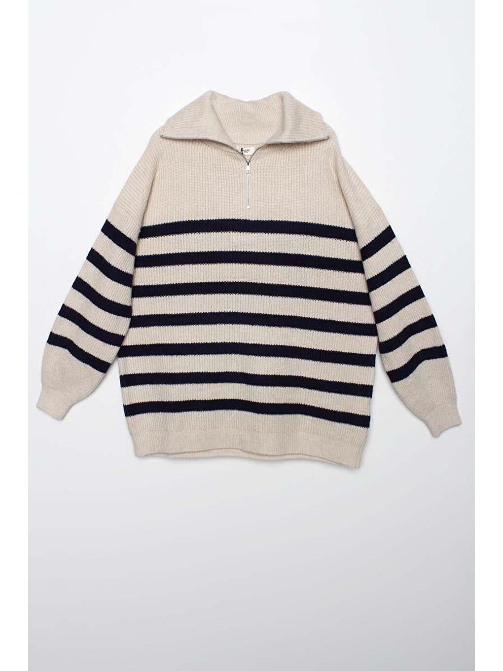 Bej Taş-Lacivert-Balıkçı Yaka Fermuarlı Triko Kazak-5