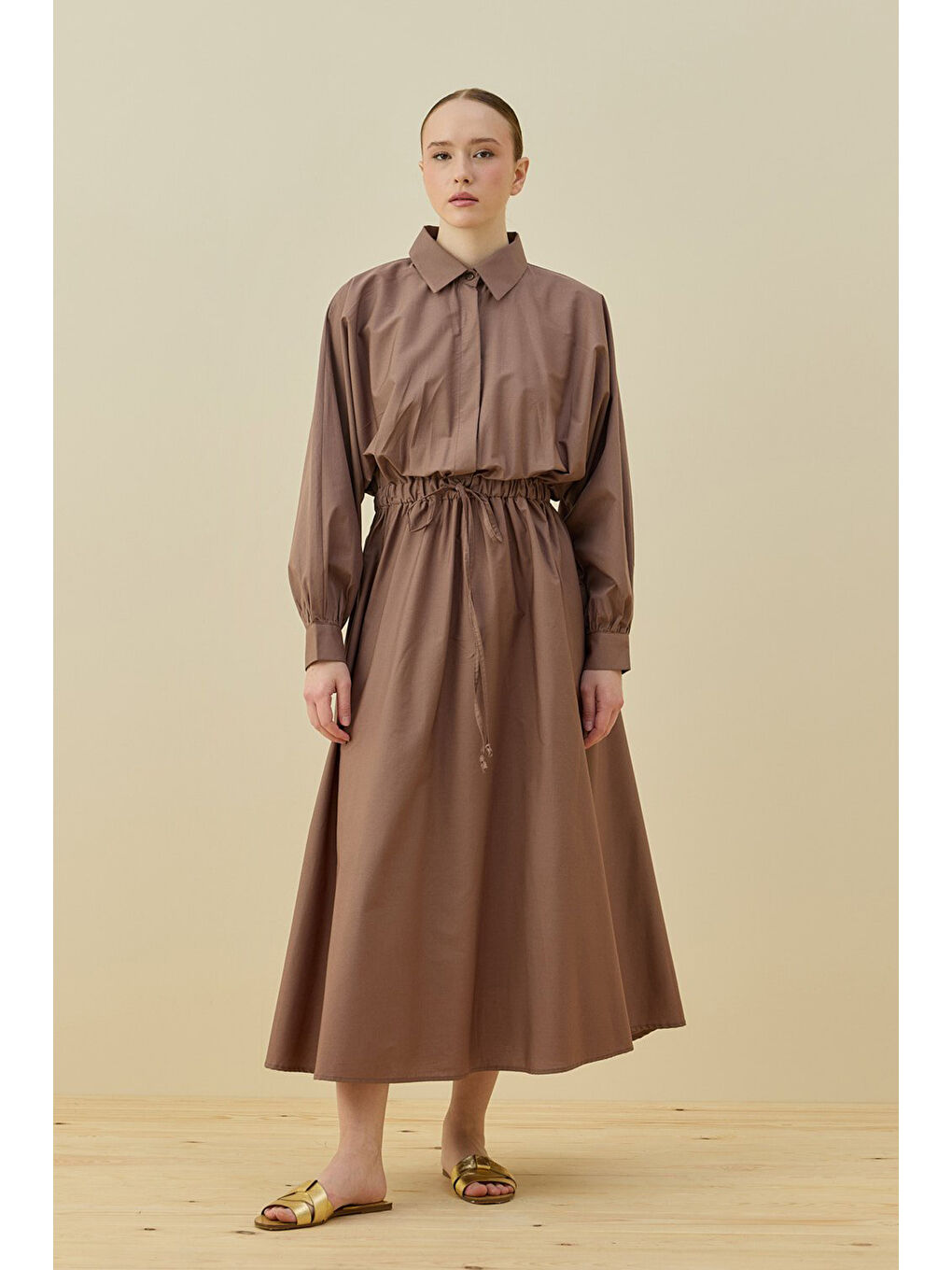 Bej Basic Poplin Elbise 1638 Vizon-3