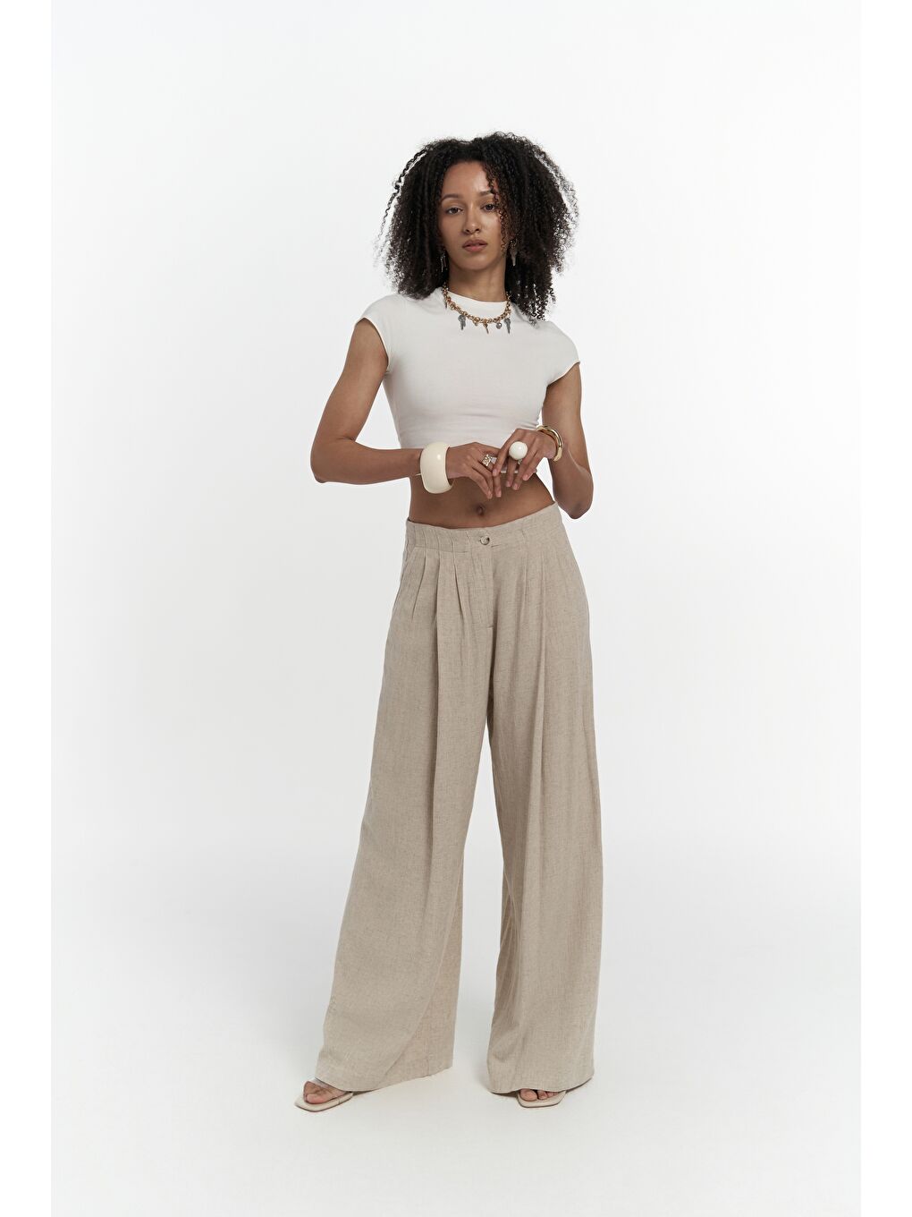 Mahoney Bej Keten Palazzo Pantolon-2
