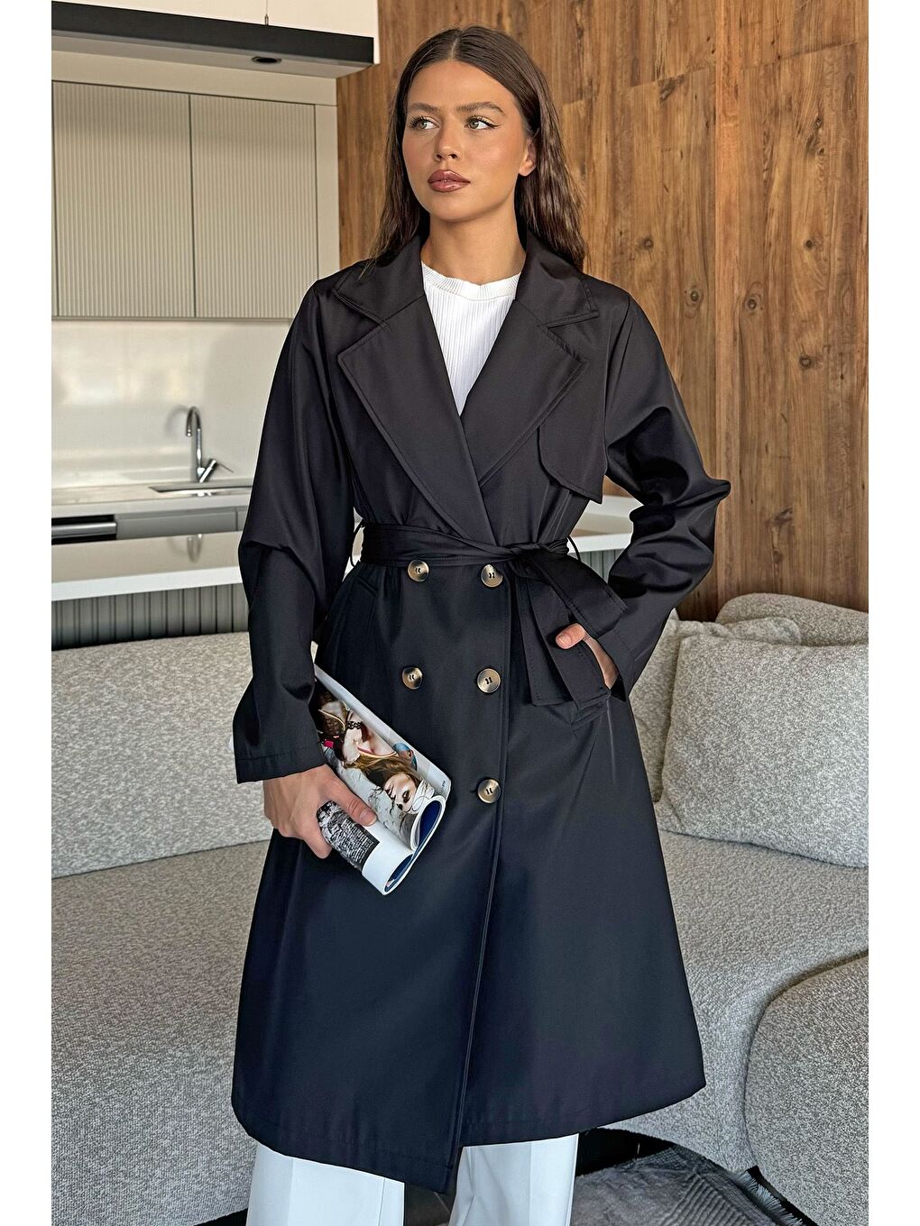 Siyah Kadın Bel Kuşak Detaylı Trençkot-1