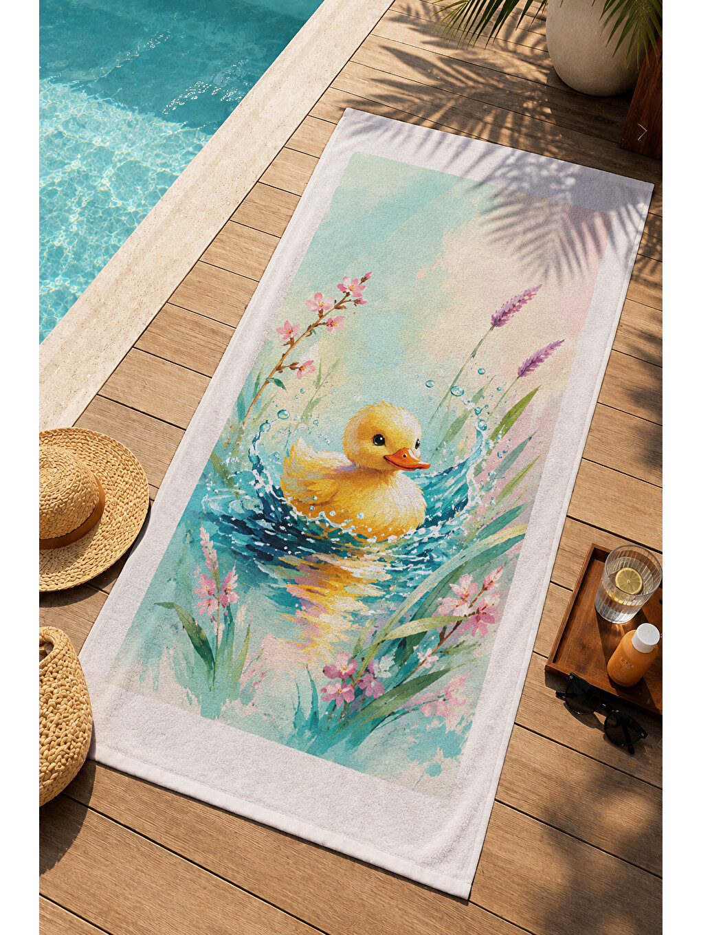 Sarı Pastel Suluboya Ördek Yavrusu Çiçekli Desenli 70x150 Plaj Havlusu - Dijital Baskılı Banyo Havlusu