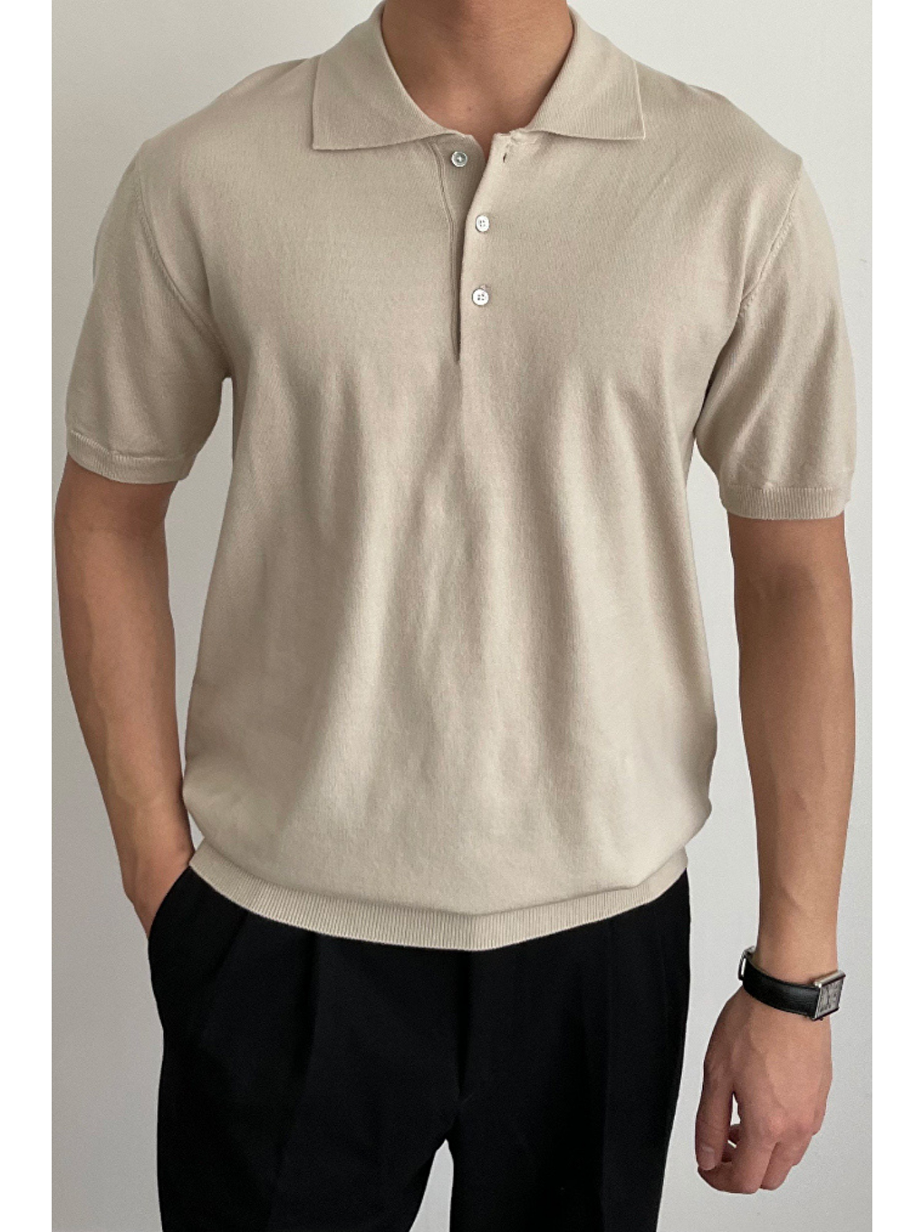 Erkek Bej Düğmeli Regular Fit Triko T-Shirt