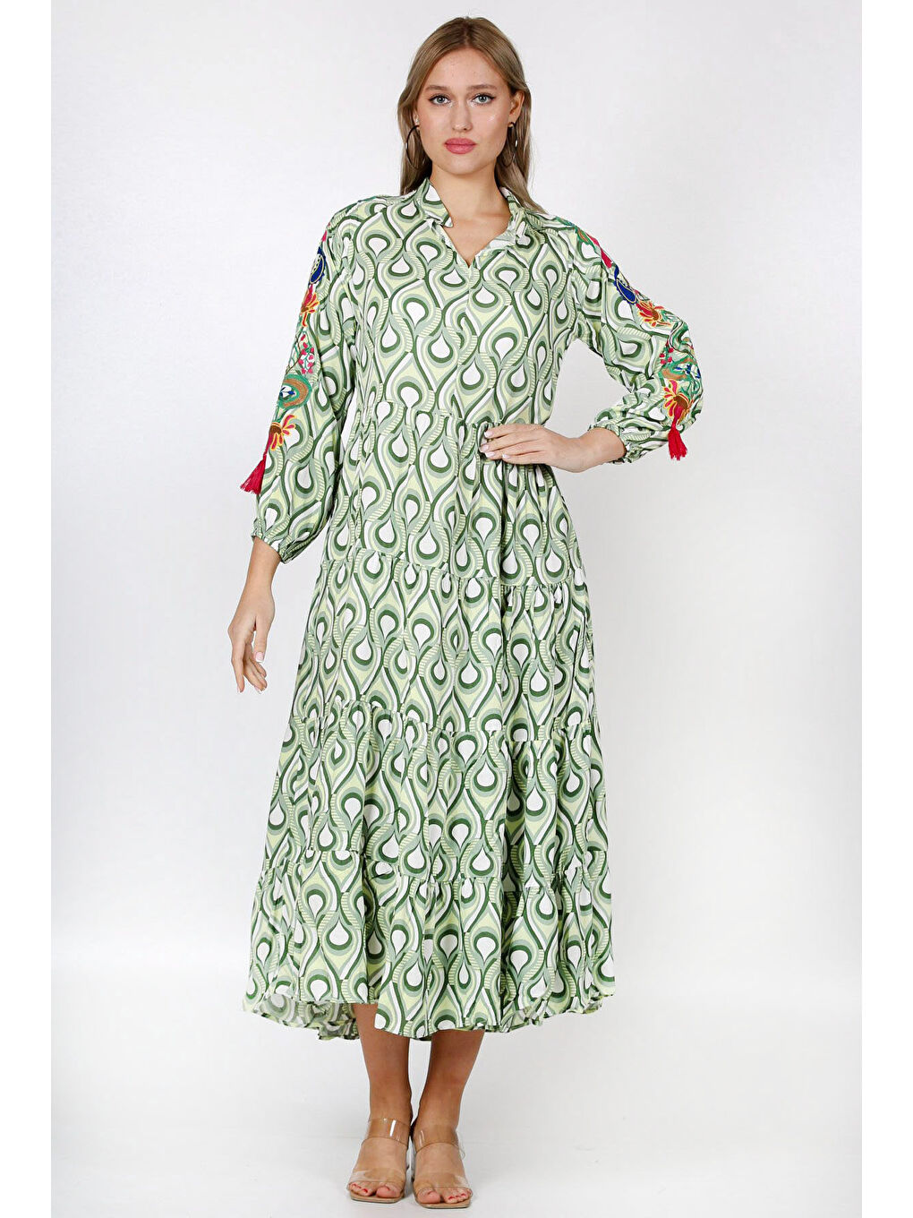 Yeşil Hakim Yaka Uzun Kol Desenli Allover Baskılı Geniş Kesim Dokuma Elbise-6
