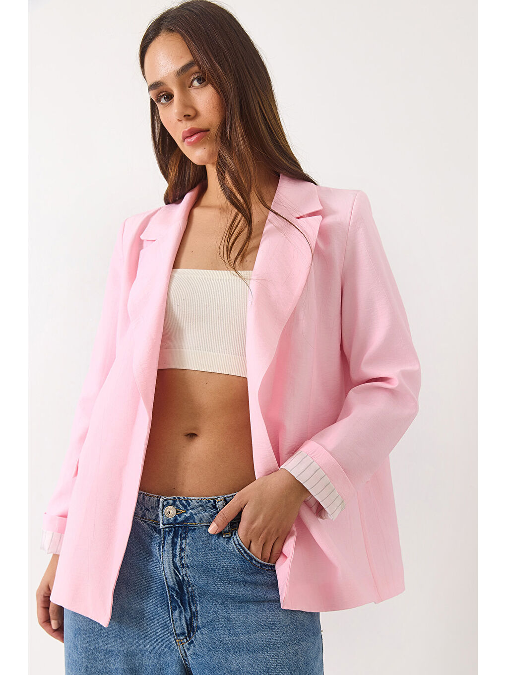 Pembe Kadın Vatkalı Astarı Çizgili Çilek Kumaş Blazer Ceket