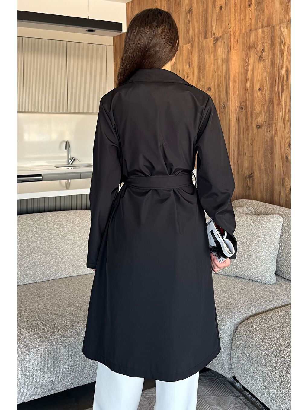 Siyah Kadın Bel Kuşak Detaylı Trençkot-2