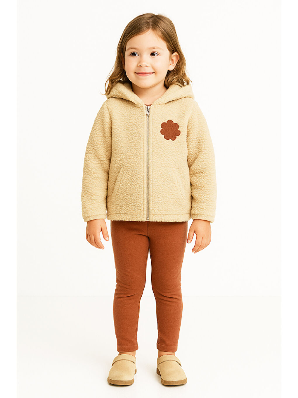 Kahverengi Kız Çocuk Welsoft Kumaş 2'li Takım (Kapüşonlu ve Fermuarlı Hırka+3 İplik Tayt) 12373