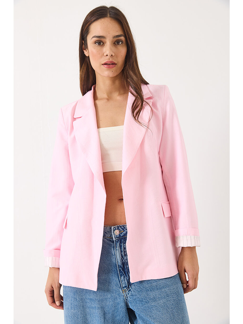 Pembe Kadın Vatkalı Astarı Çizgili Çilek Kumaş Blazer Ceket-1
