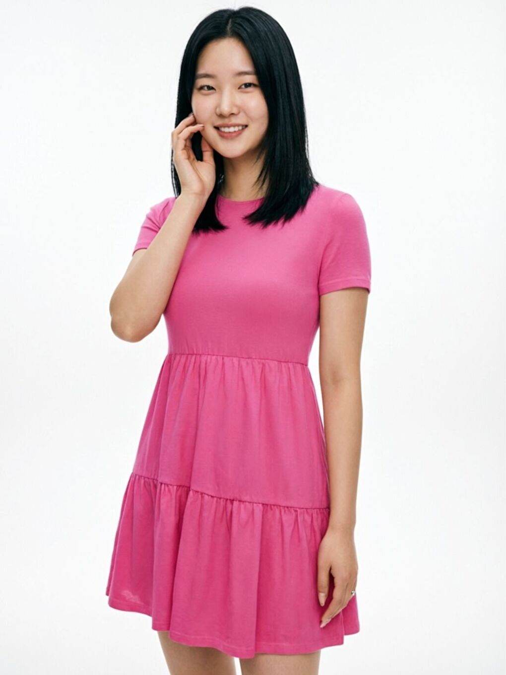 Fuşya Pembe Bisiklet Yaka Kısa Kollu Fırfırlı Penye New Elbise