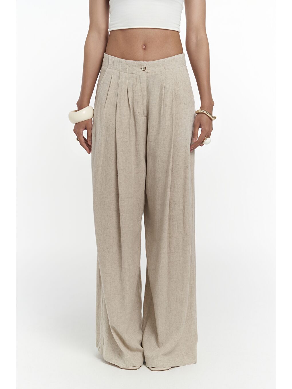 Mahoney Bej Keten Palazzo Pantolon-3