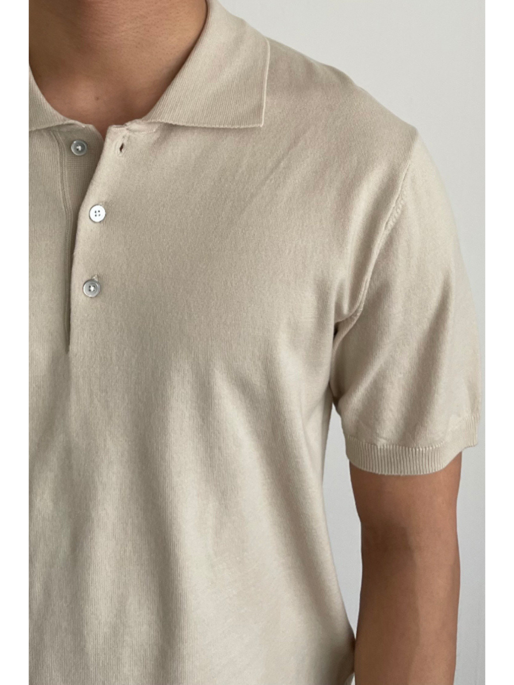 Erkek Bej Düğmeli Regular Fit Triko T-Shirt-1