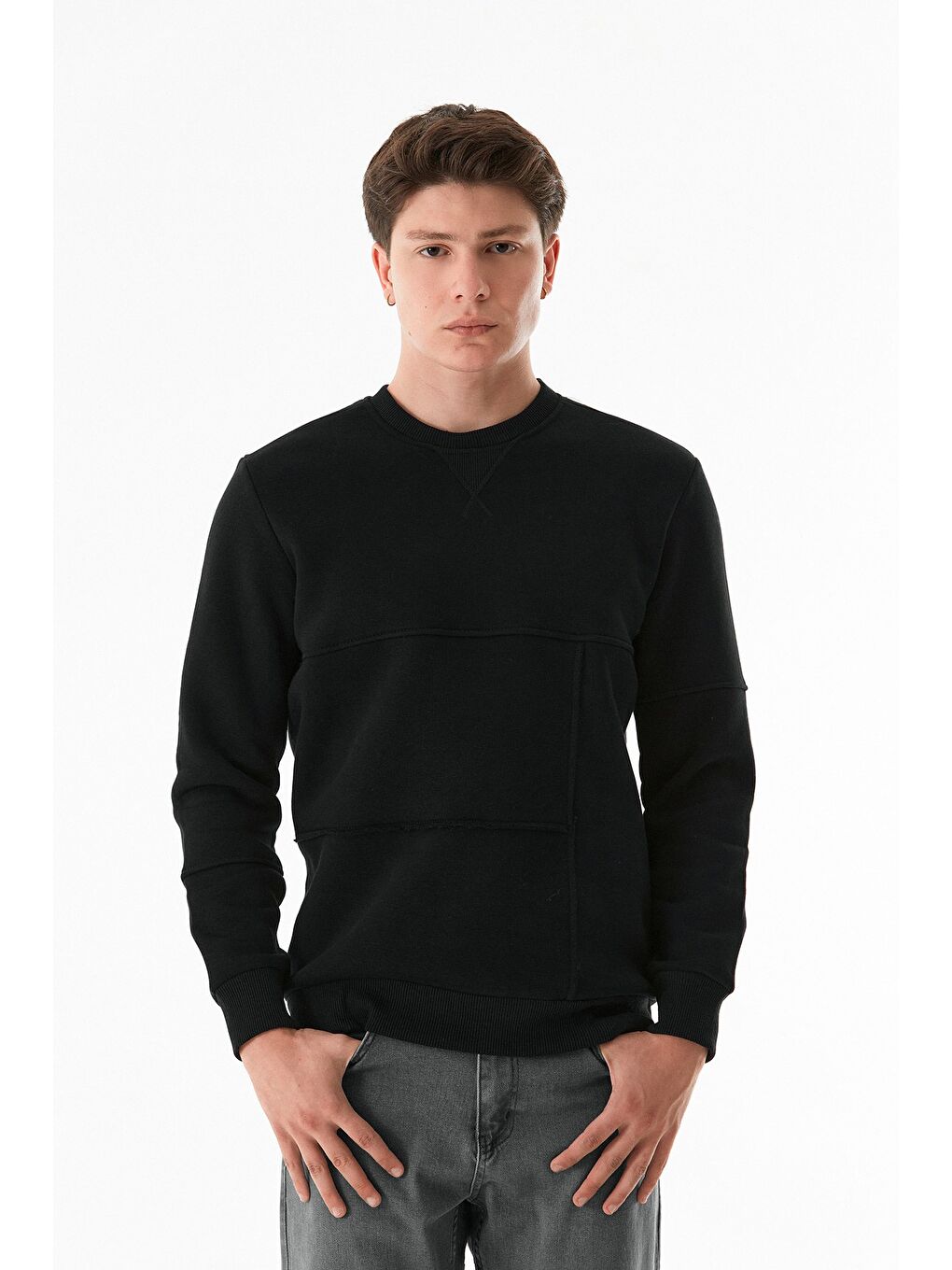 Fullamoda Siyah 3 İplik Basic Bisiklet Yaka Sweatshirt