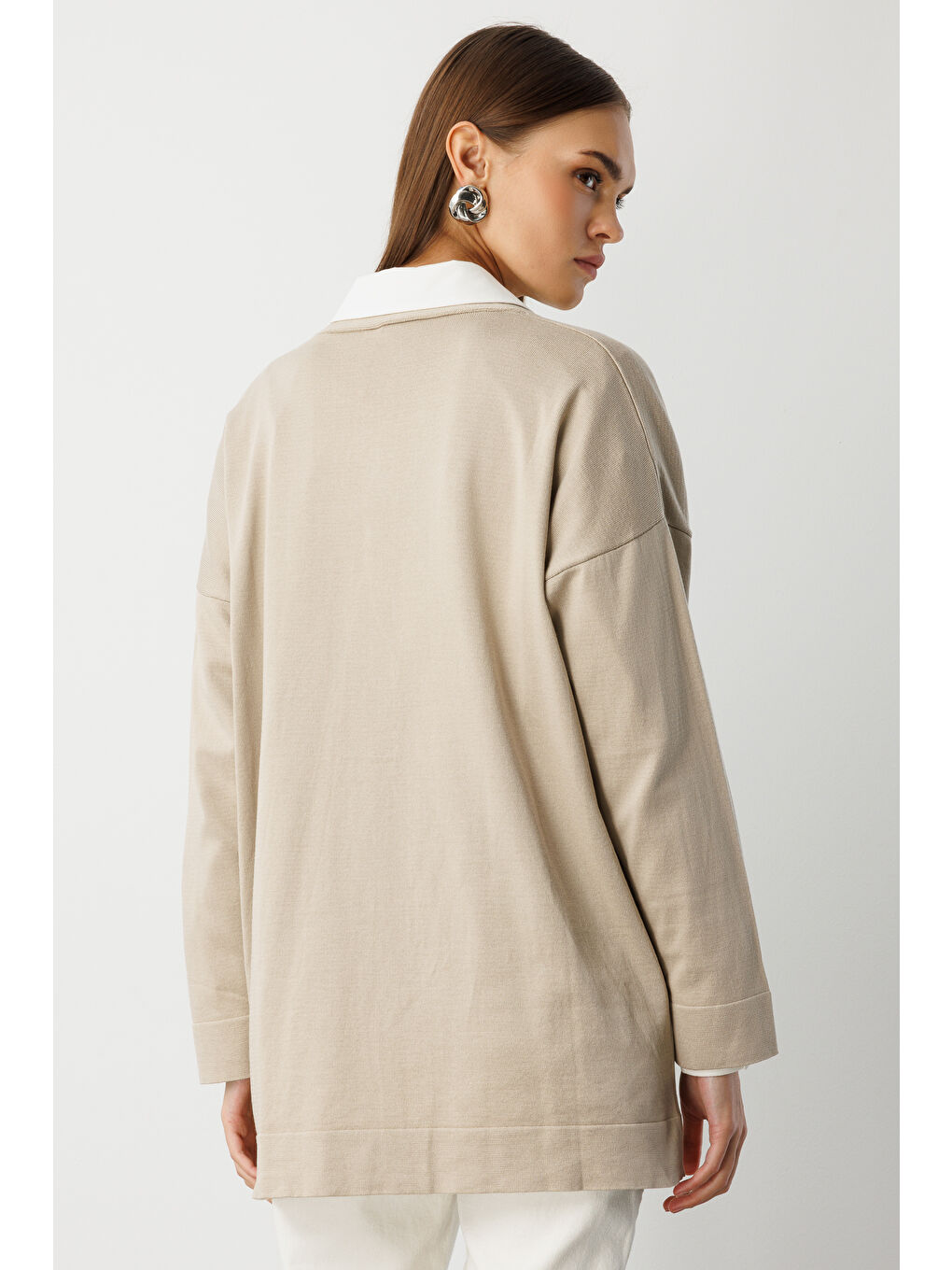 Ekstra Oversize Düşük Kol Basic Bej Rengi İnce Triko Hırka-5