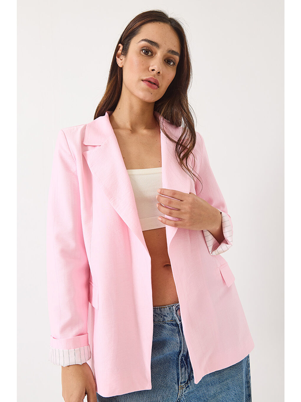 Pembe Kadın Vatkalı Astarı Çizgili Çilek Kumaş Blazer Ceket-2