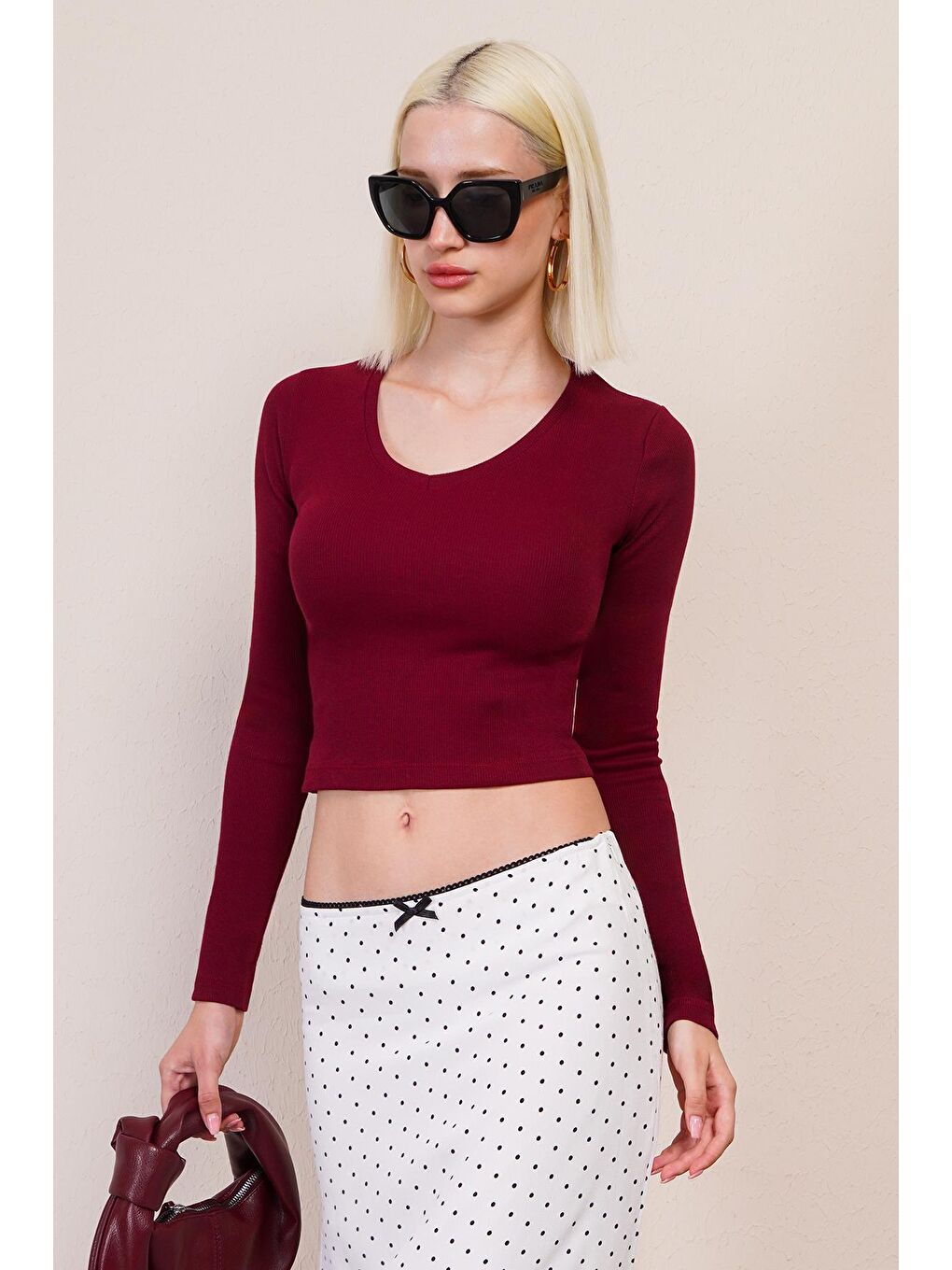 Bordo V Yaka Uzun Kollu Kaşkorse Body Mg2192-4