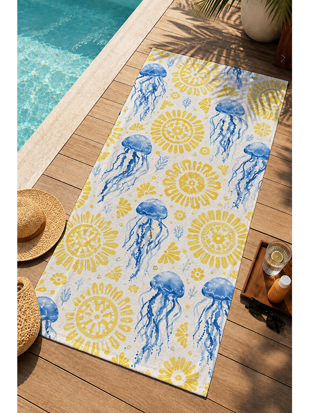 Retro Sarı Güneş Mavi Denizanası Desenli 70x150 Plaj Havlusu - Dijital Baskılı Solmaz Banyo Havlusu-4