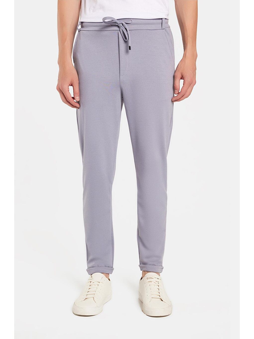 Erkek Slim Fit Pamuklu Beli Bağlamalı Yan Cepli Katlamalı Paça Jogger Gri Pantolon