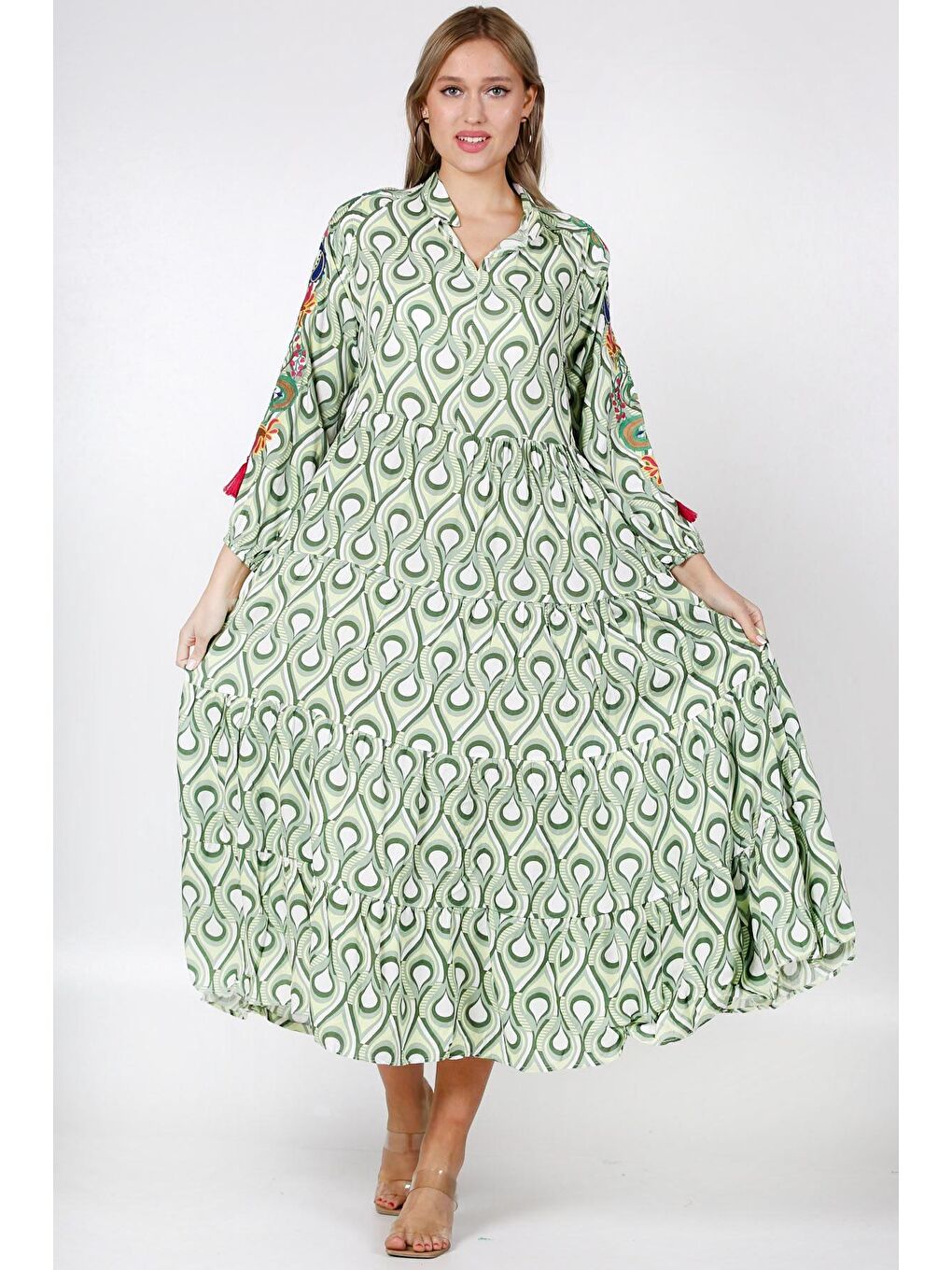 Yeşil Hakim Yaka Uzun Kol Desenli Allover Baskılı Geniş Kesim Dokuma Elbise-7