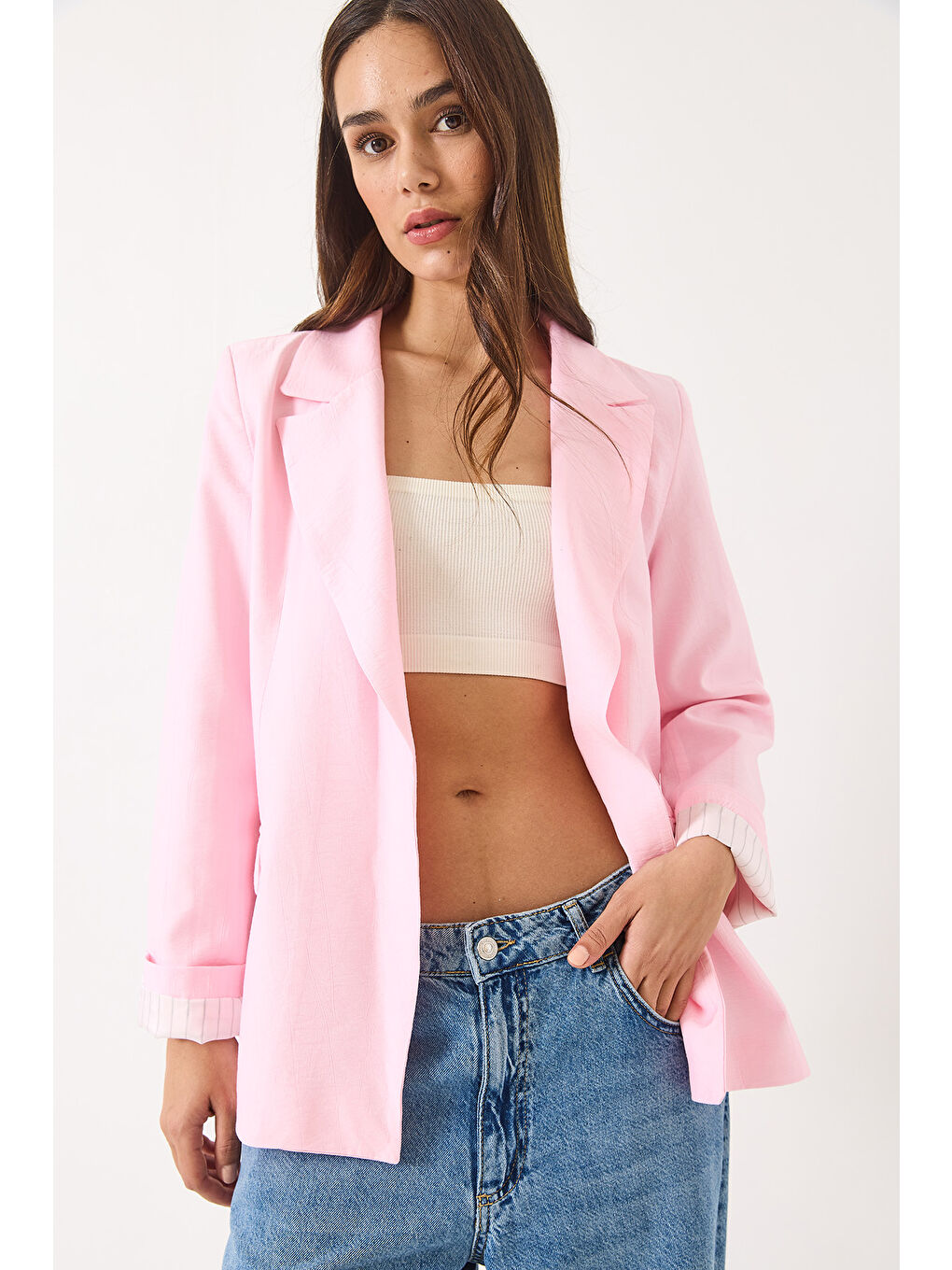 Pembe Kadın Vatkalı Astarı Çizgili Çilek Kumaş Blazer Ceket-3