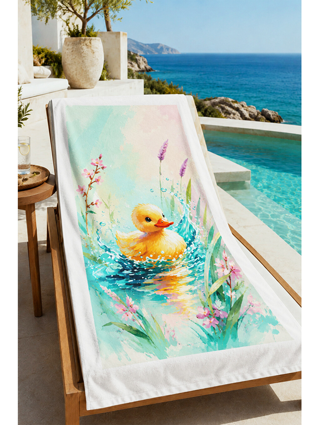 Sarı Pastel Suluboya Ördek Yavrusu Çiçekli Desenli 70x150 Plaj Havlusu - Dijital Baskılı Banyo Havlusu-1