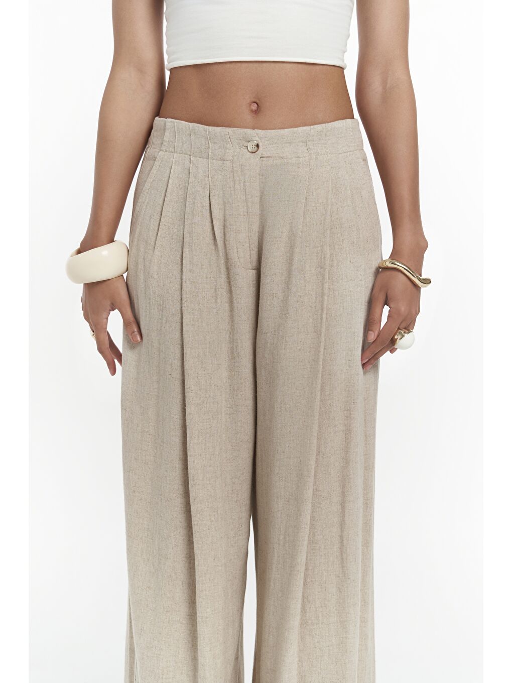 Mahoney Bej Keten Palazzo Pantolon-5