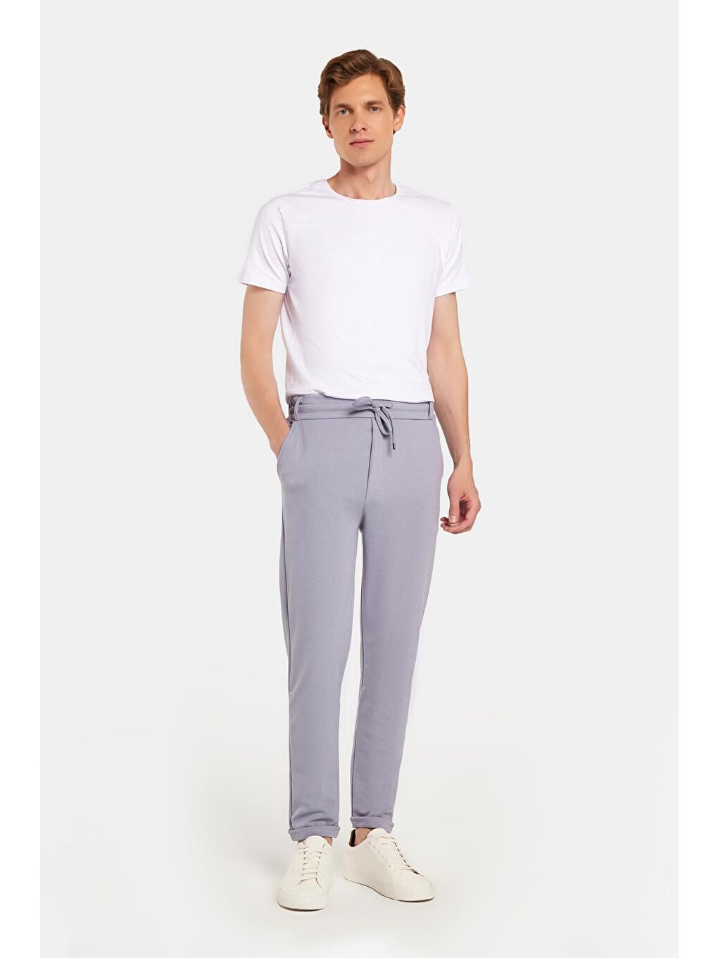 Erkek Slim Fit Pamuklu Beli Bağlamalı Yan Cepli Katlamalı Paça Jogger Gri Pantolon-2