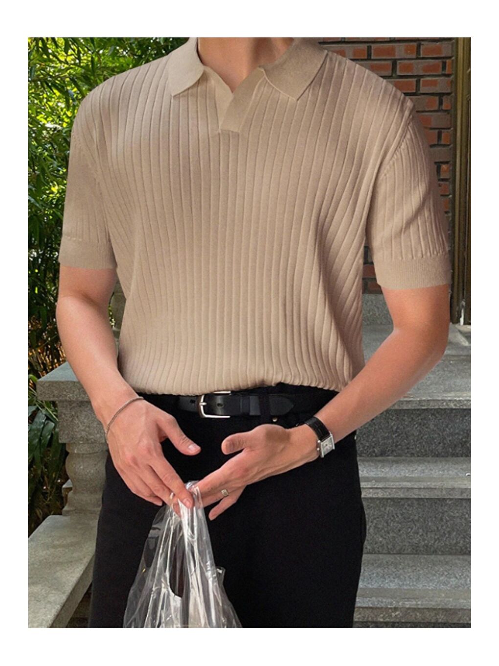 Bej Erkek Fitilli Polo Yaka Triko T-Shirt-1