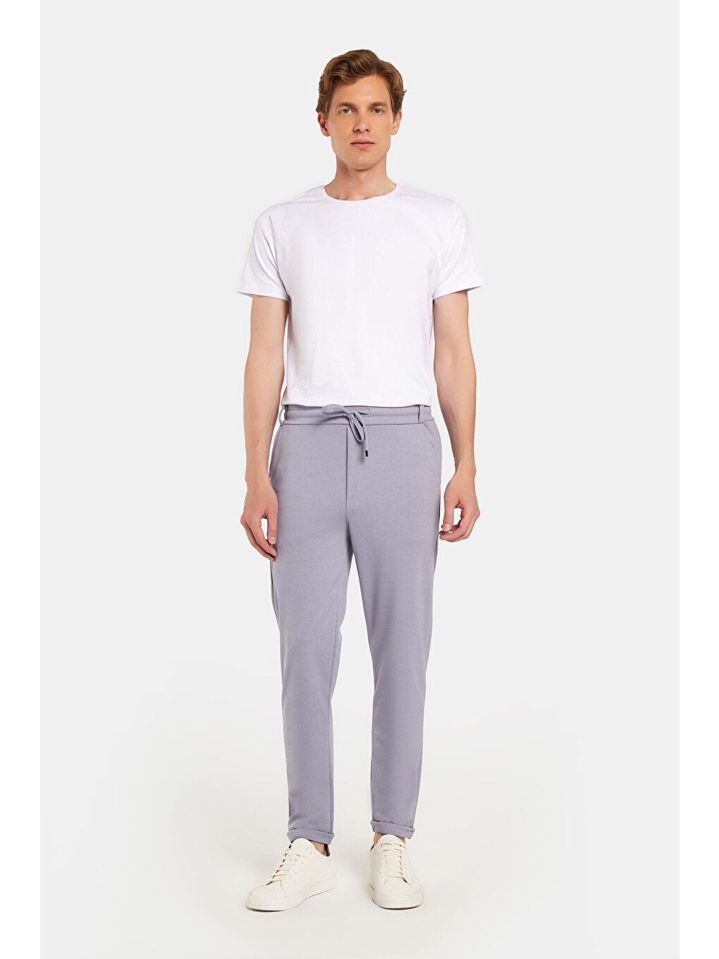 Erkek Slim Fit Pamuklu Beli Bağlamalı Yan Cepli Katlamalı Paça Jogger Gri Pantolon-3