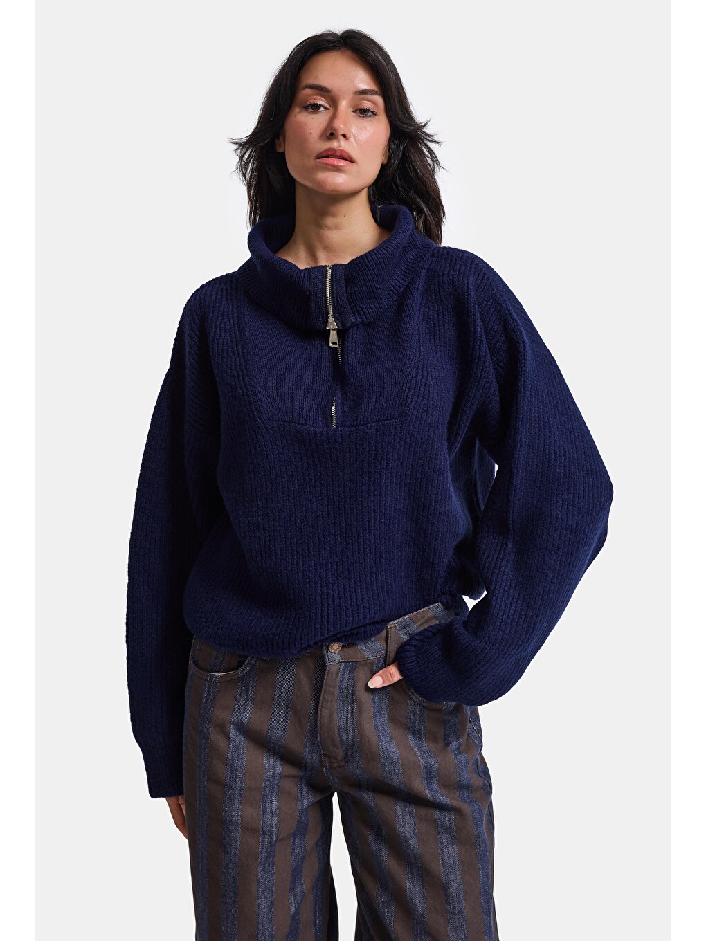Kadın Lacivert W6-56 Oversize Fermuarlı Triko Kazak-3