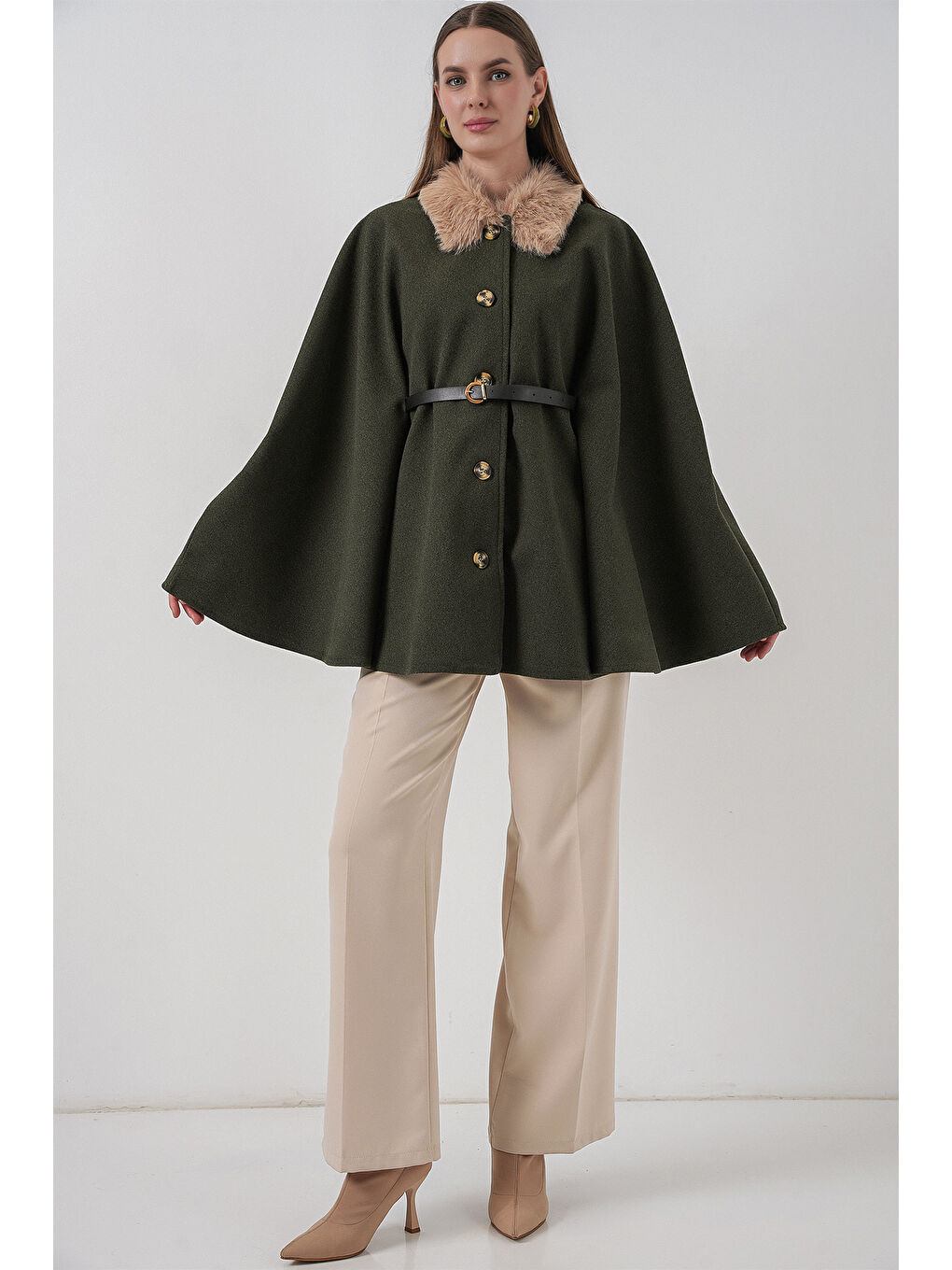 Kadın Kemerli Kaşe Panço 9165 - Haki-1