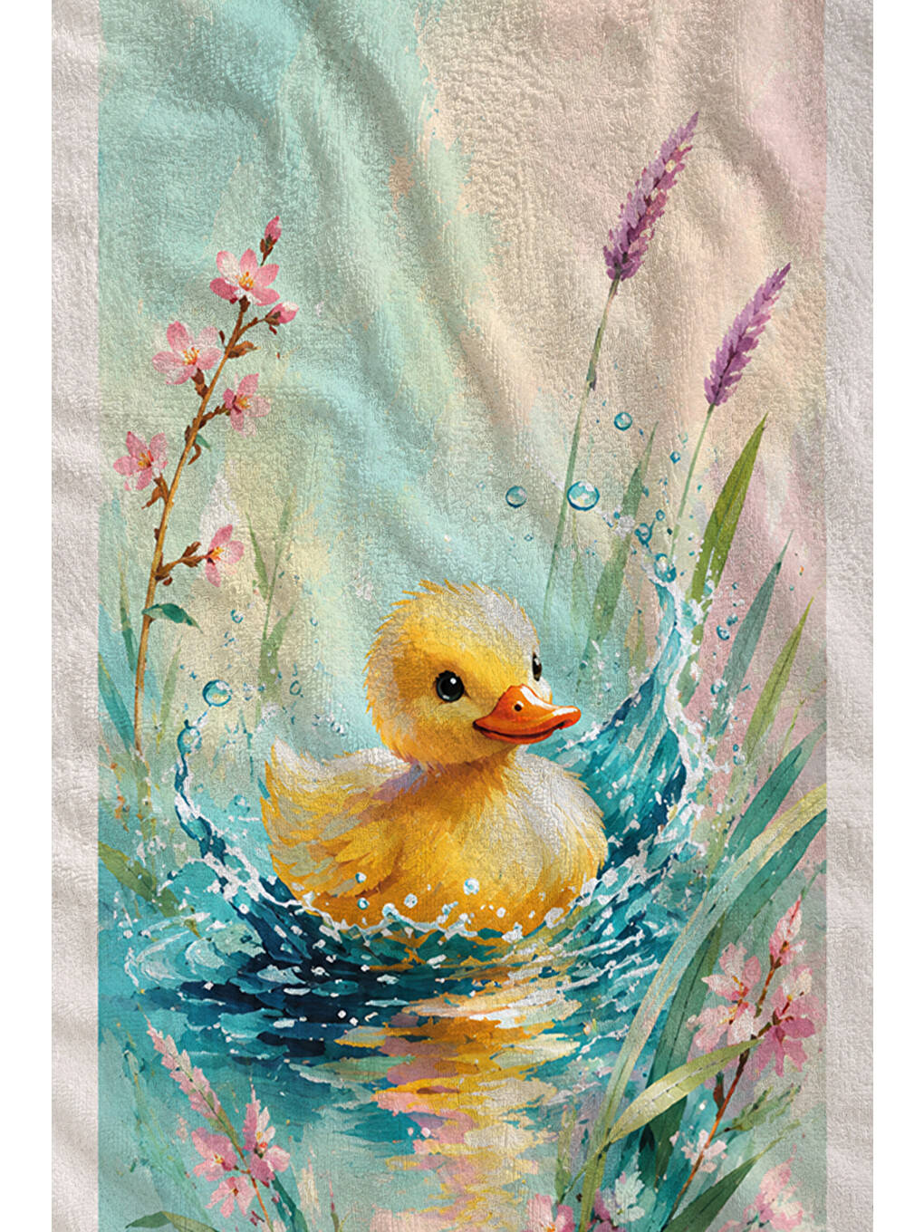 Sarı Pastel Suluboya Ördek Yavrusu Çiçekli Desenli 70x150 Plaj Havlusu - Dijital Baskılı Banyo Havlusu-2