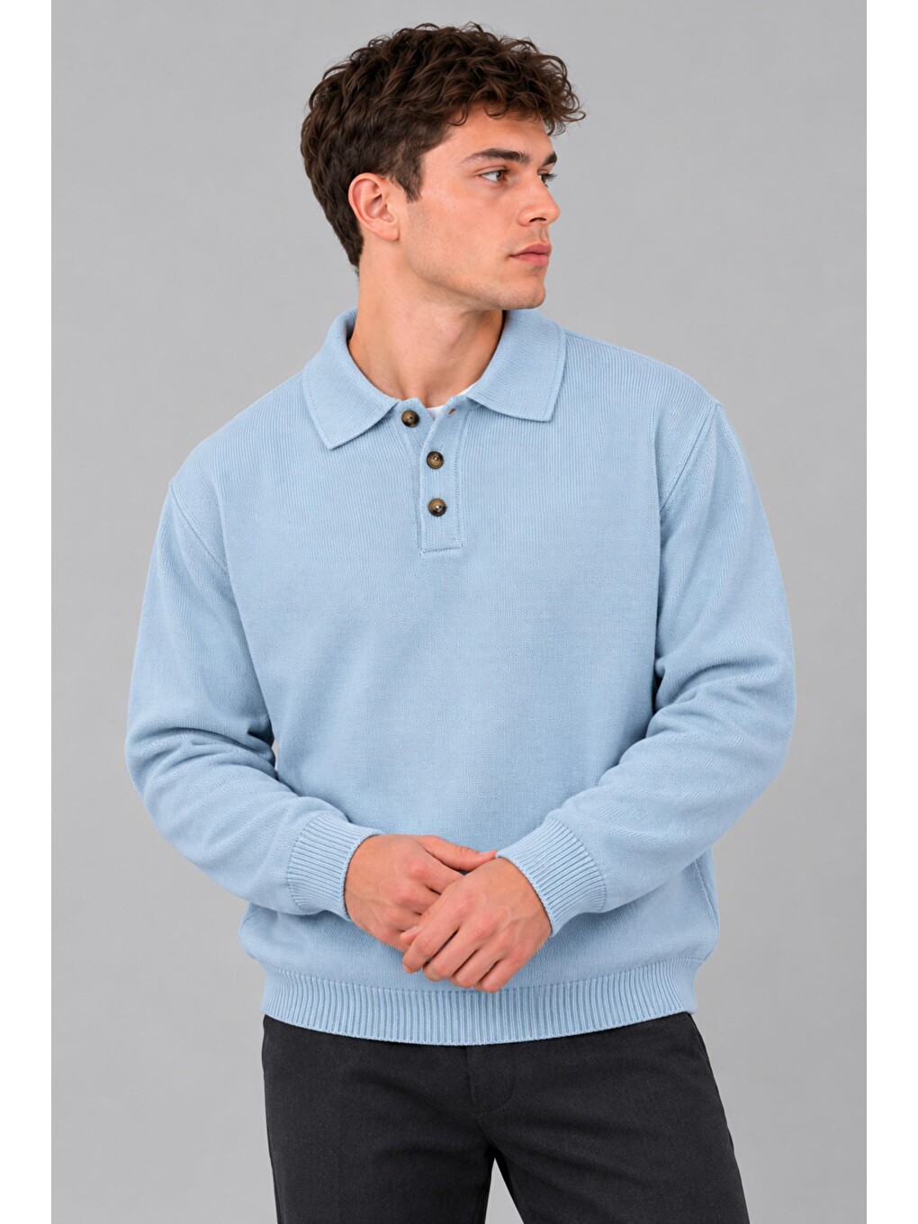 Mavi Oversize Düğmeli Yaka Örgü Kazak Dp 17501_10063