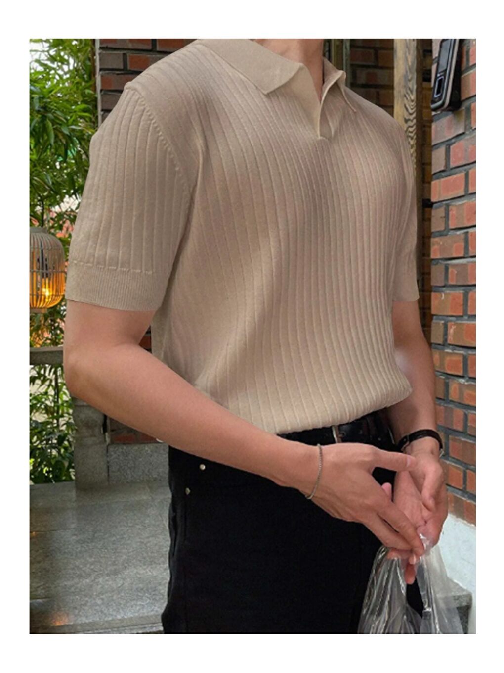 Bej Erkek Fitilli Polo Yaka Triko T-Shirt-2