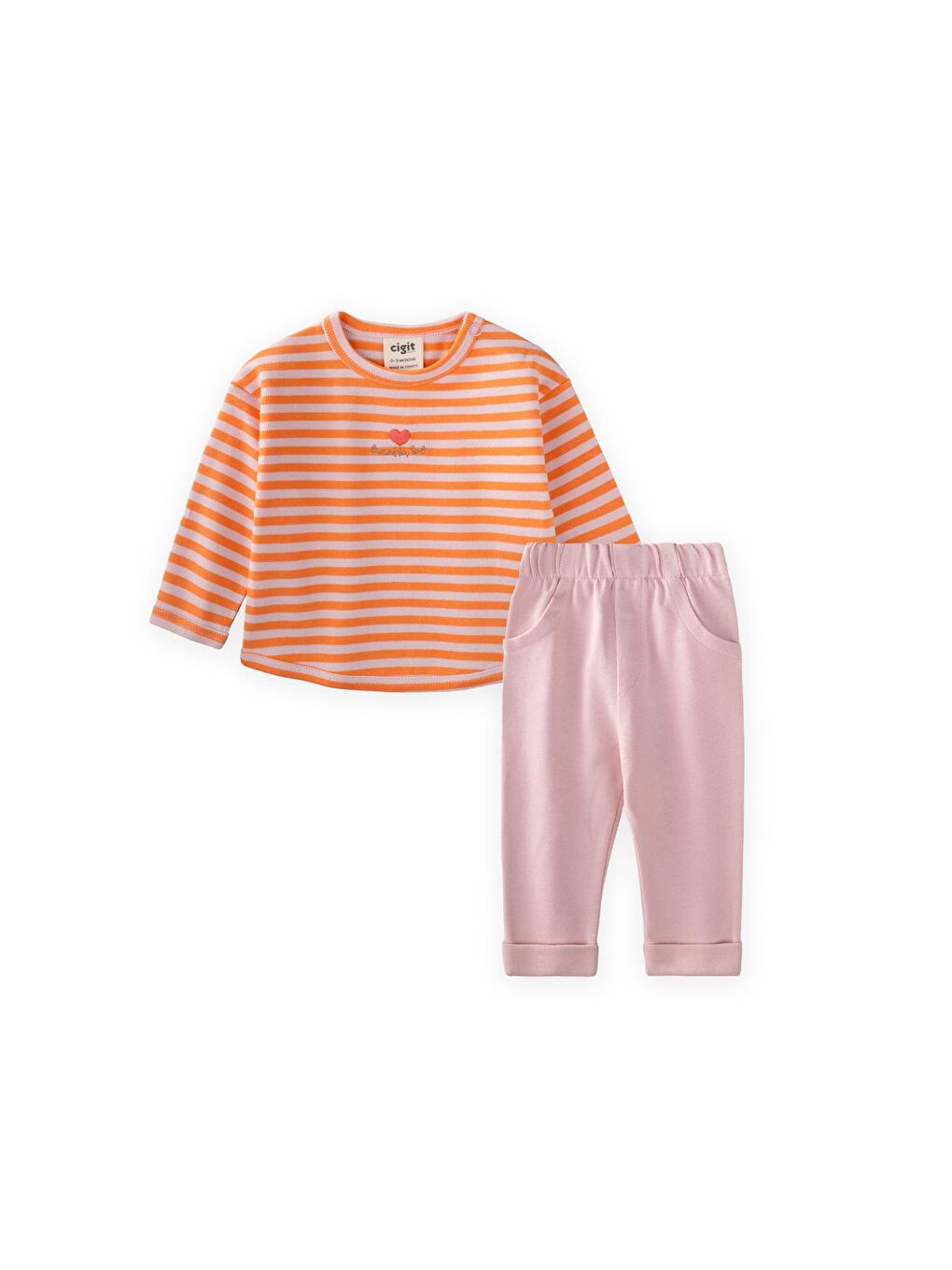 Pembe Çizgili Triko Kız Bebek Takım 0-3 Yaş Pudra Şeftali Çizgili