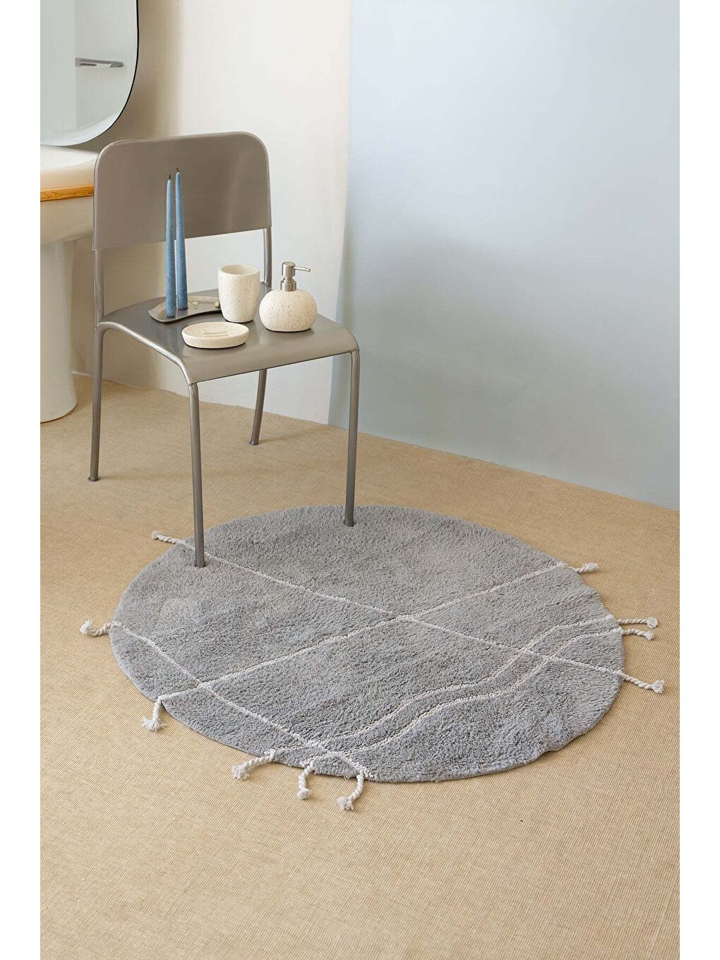 Travertine Yuvarlak Banyo Paspası %100 Pamuk 100x100 Gri-3