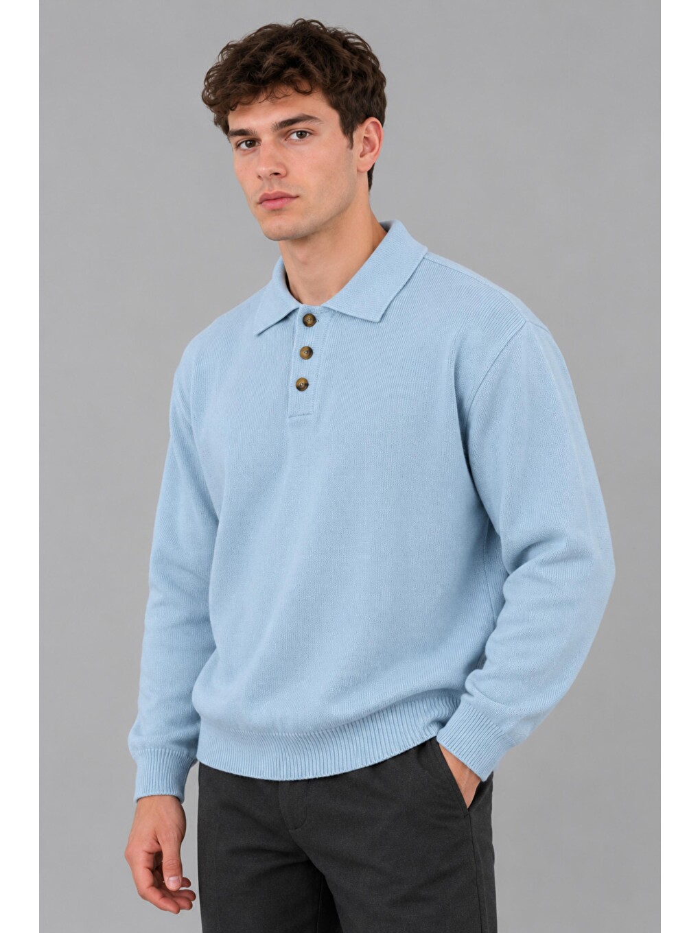 Mavi Oversize Düğmeli Yaka Örgü Kazak Dp 17501_10063-1