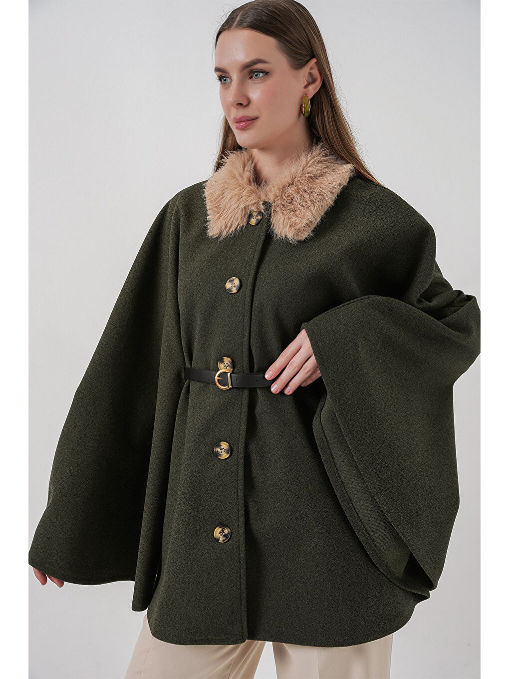 Kadın Kemerli Kaşe Panço 9165 - Haki-2