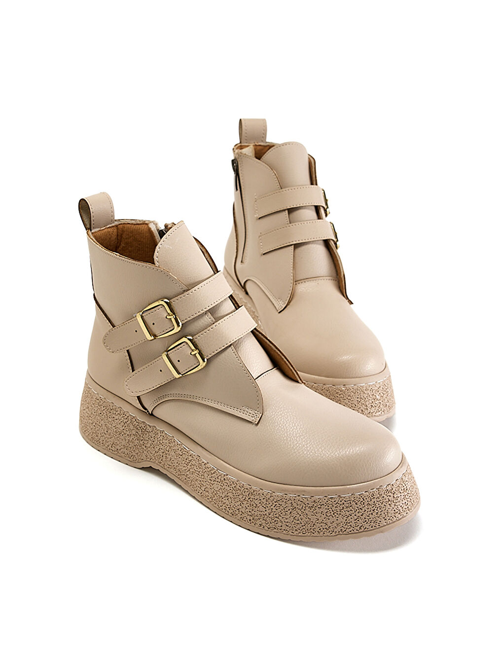 Kadın Bej Cilt Rahat Kalıp Yüksek Taban Çift Tokalı Fermuarlı Bot