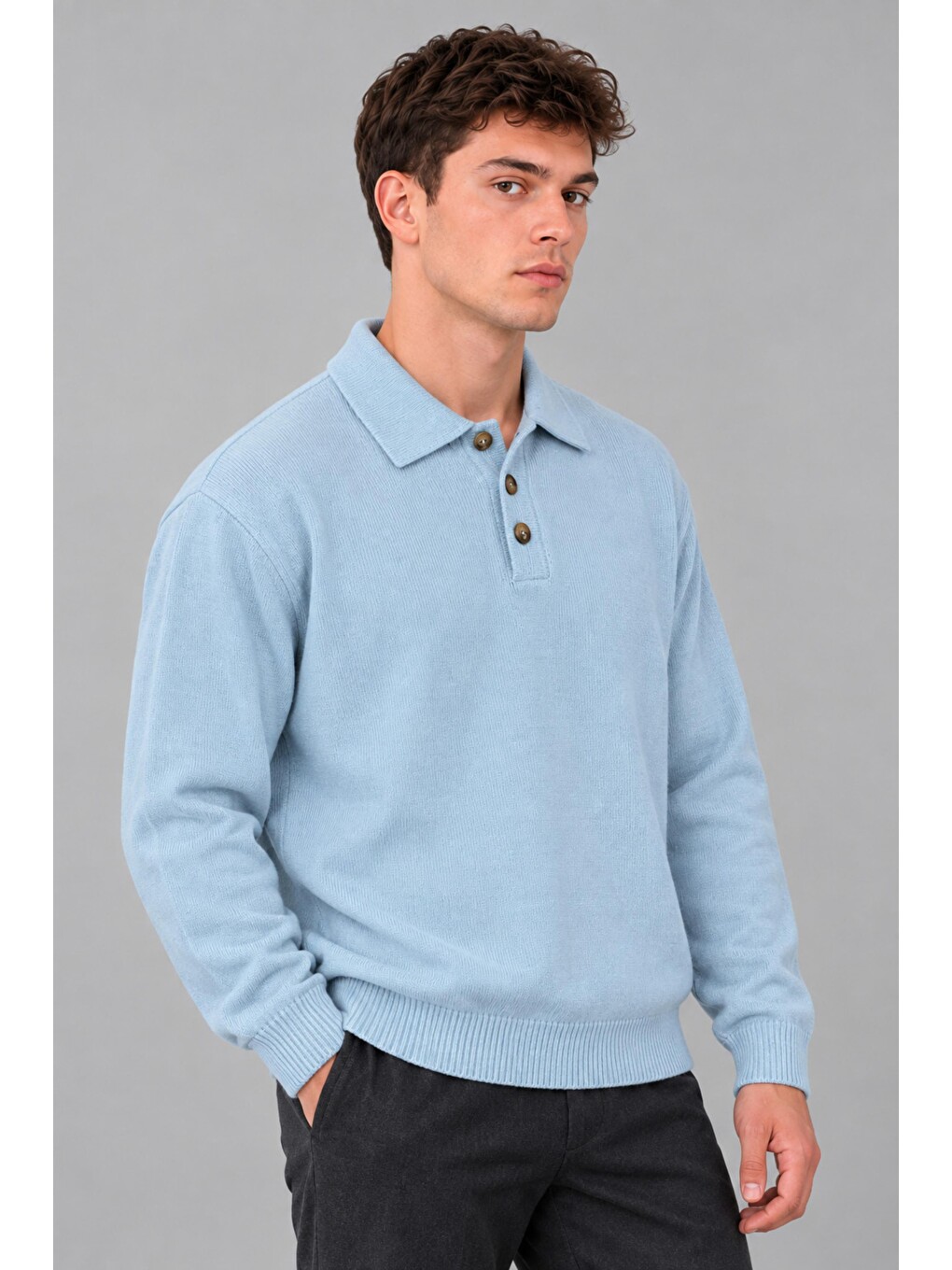 Mavi Oversize Düğmeli Yaka Örgü Kazak Dp 17501_10063-2