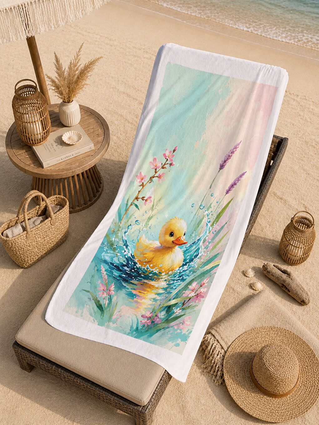 Sarı Pastel Suluboya Ördek Yavrusu Çiçekli Desenli 70x150 Plaj Havlusu - Dijital Baskılı Banyo Havlusu-3
